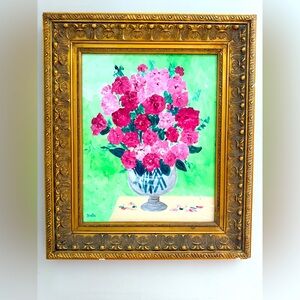 Vintage Acrylic Floral Art in Ornate Gold Frame 20” X 24”